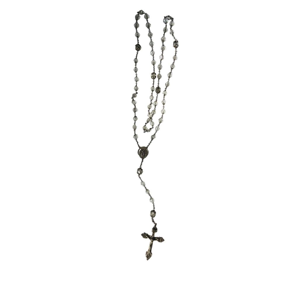 Vintage Sterling Silver Crucifix on Rosary of Clear Plastic Beads